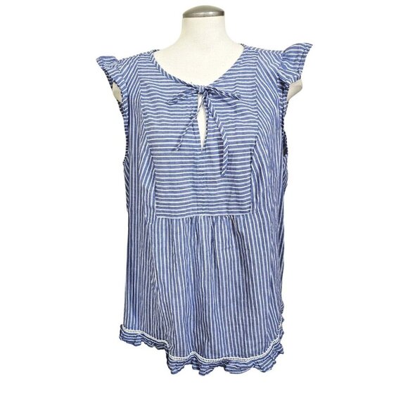 Womens Plus 3X Sleeveless Top Blue White Striped Keyhole Front Ruffle Coastal - Picture 1 of 7